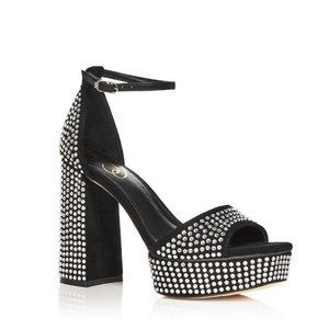NEW SAM EDELMAN Nellie Glitz Crystal Embellished Platform Heeled Sandals Black